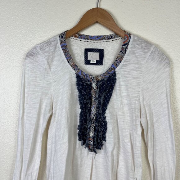 Postmark Anthropologie Ruffle Flare Long Sleeve Henley Top White Women’s Size S - Picture 3 of 7